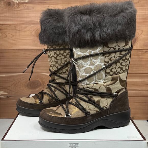 COACH Laurilyn Patchwork Winter Snow Boots KMT Khaki Multi Womens Size 6.5 - Picture 1 of 14